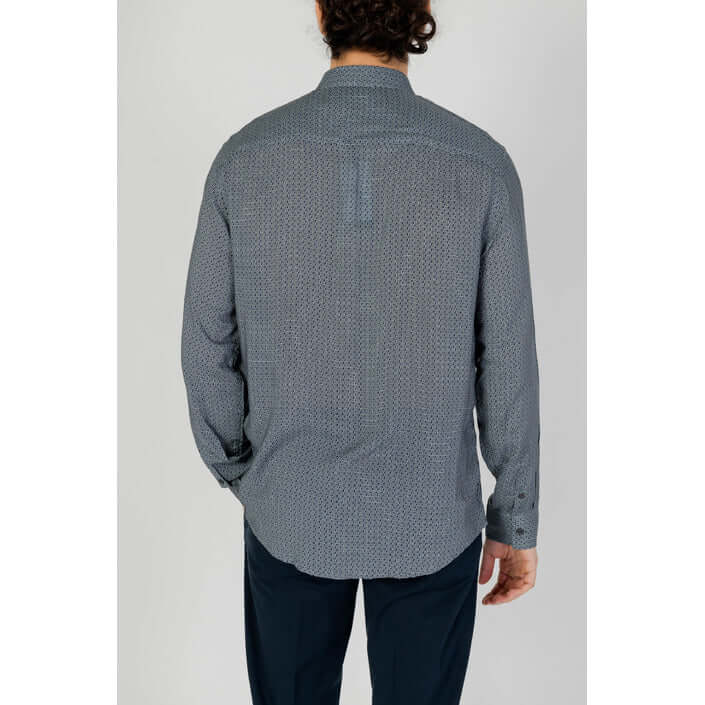 Back view of Armani Exchange grey printed men's shirt with long sleeves and classic collar for spring/summer.