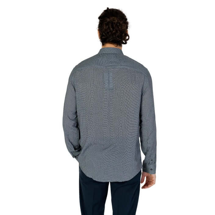 Back view of a grey printed Armani Exchange men's shirt with long sleeves and classic collar.