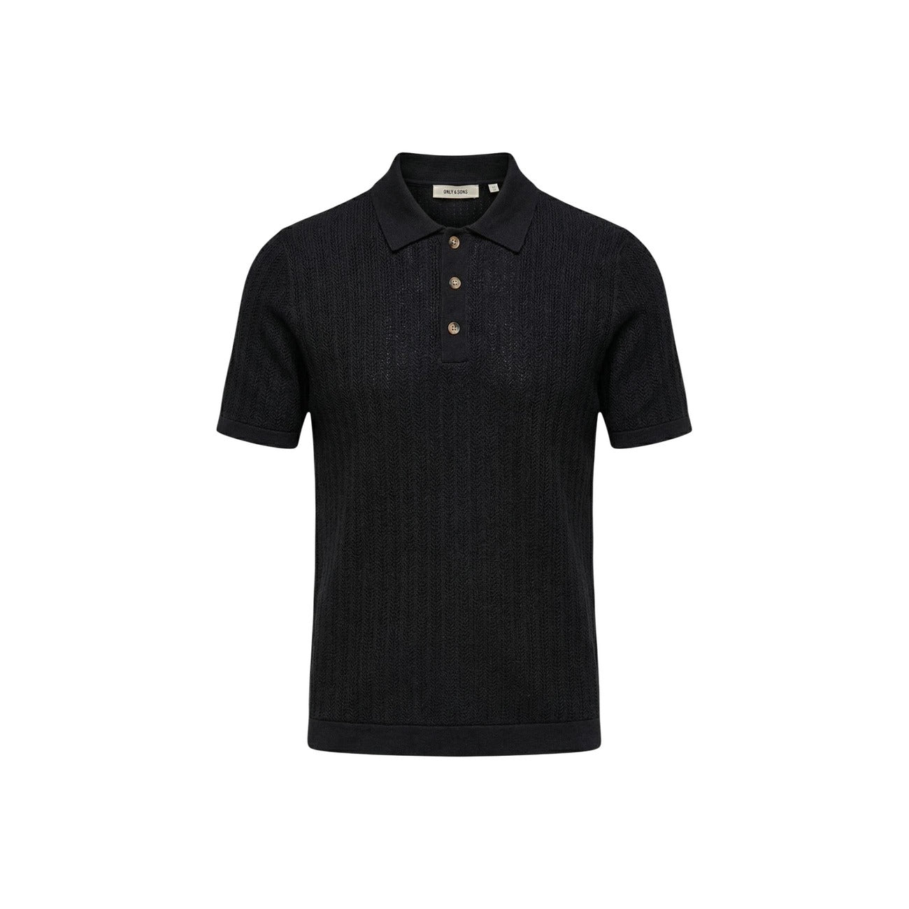 Detail close-up of the black polo shirt highlighting the collar and button placket.