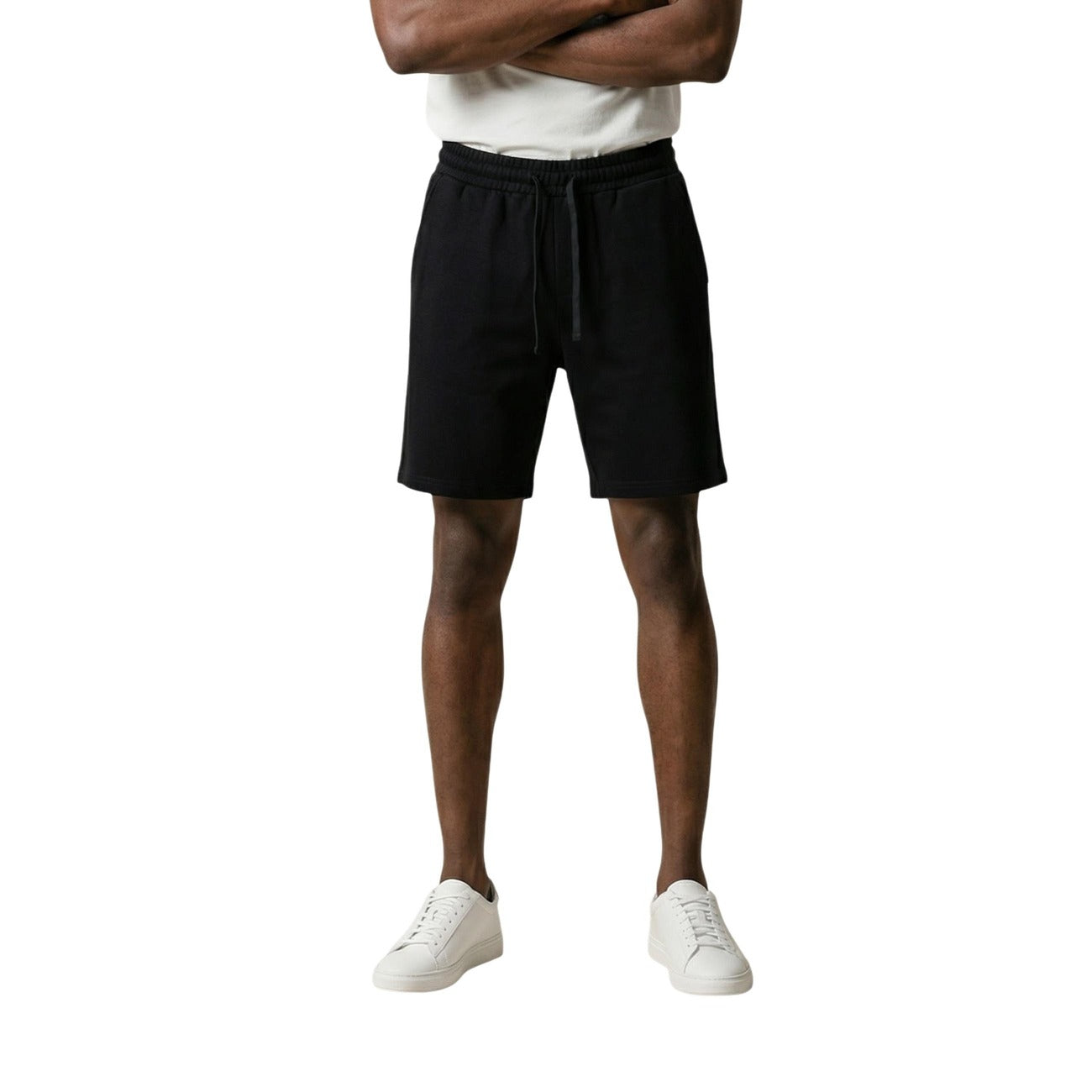 Gianni Lupo Men Lace-Up 100% Cotton Shorts Black – front view, lace-up fastening, front and back pockets