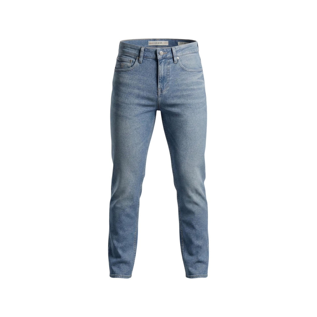 Front view of light blue skinny fit jeans with distressed details on a white background