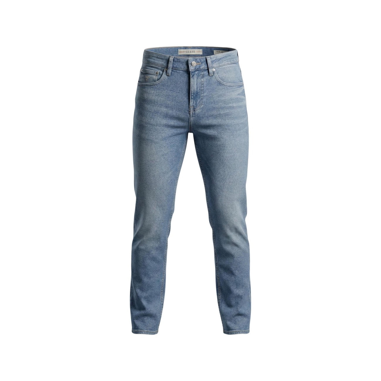 Front view of light blue skinny fit jeans with distressed details on a white background