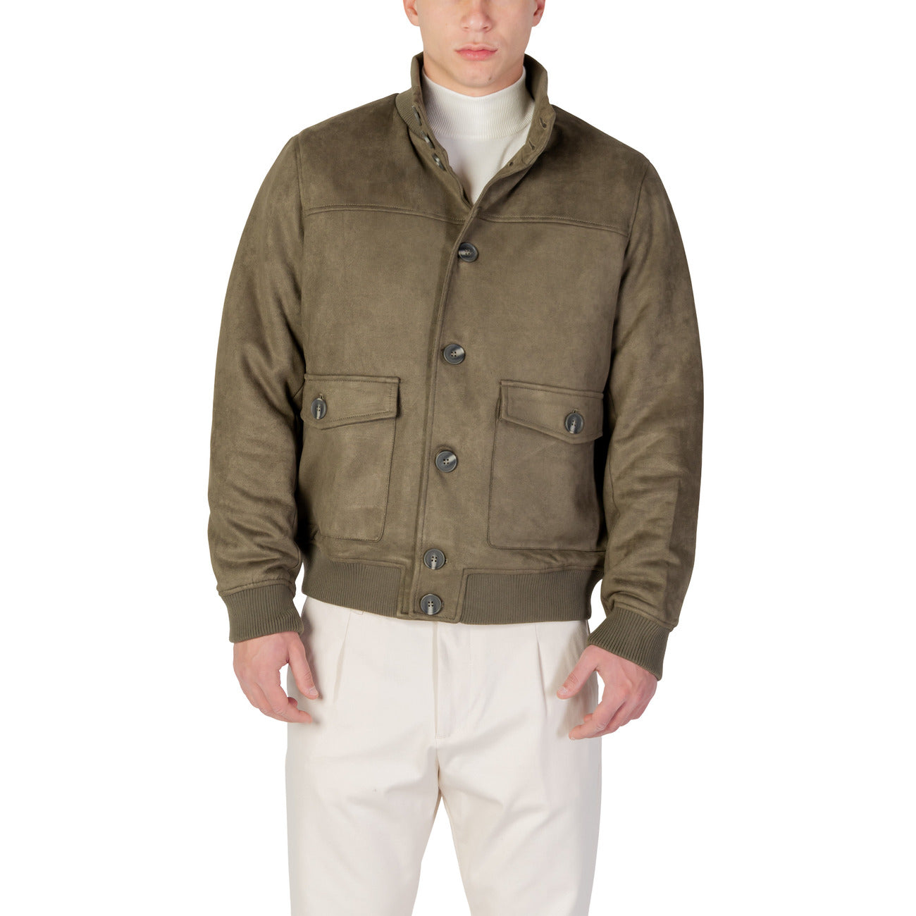 Front view of the olive green blazer with buttons and front pockets on a white background