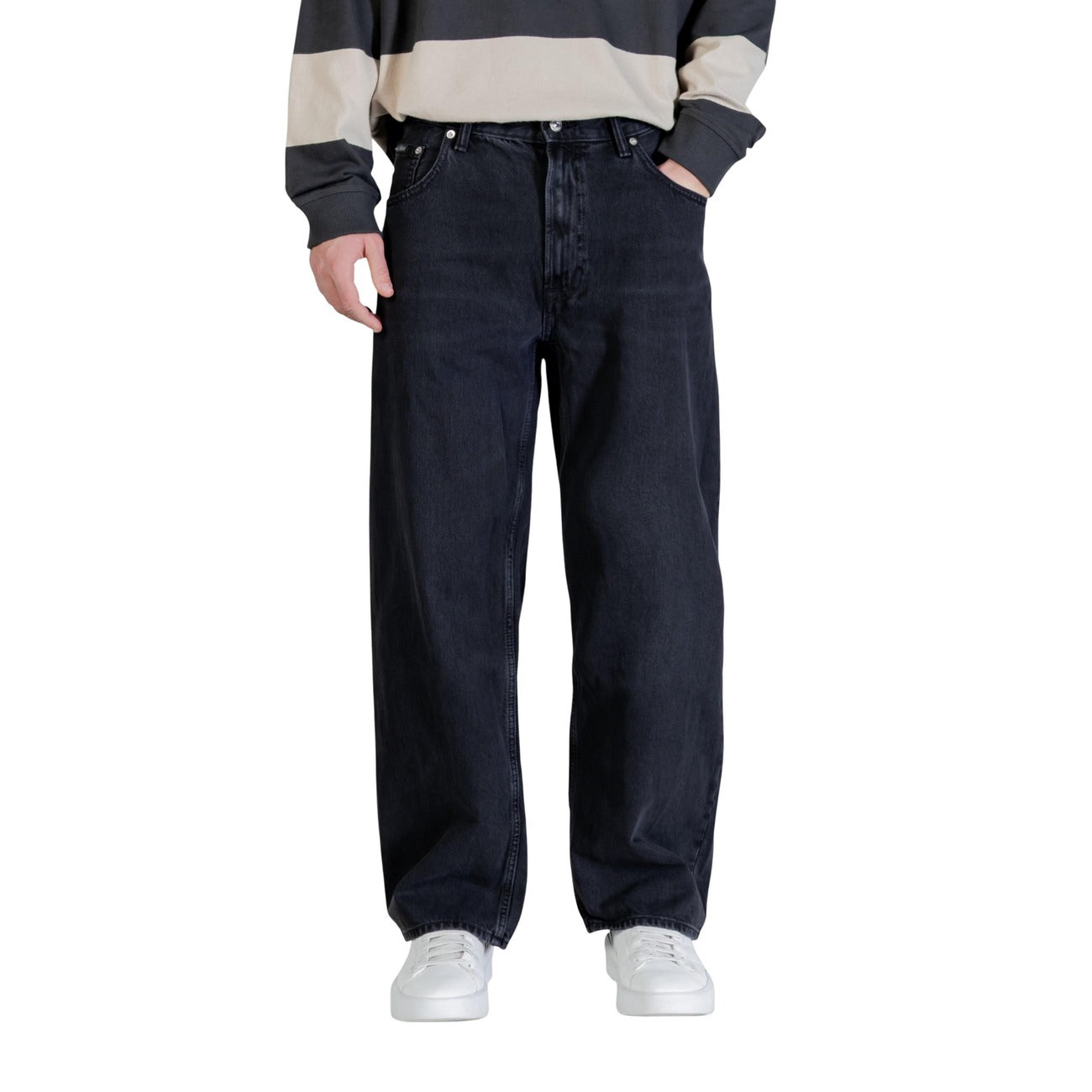 Back view of black wide leg jeans showcasing back pockets on a white background