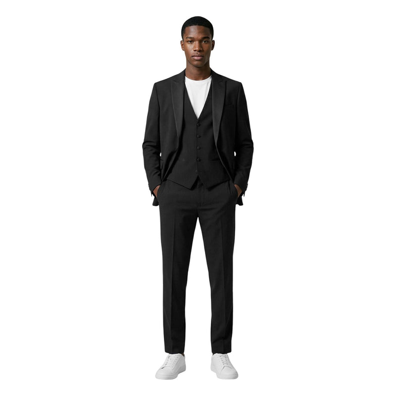 Front view of the black suit featuring a jacket and dress pants against a white background.