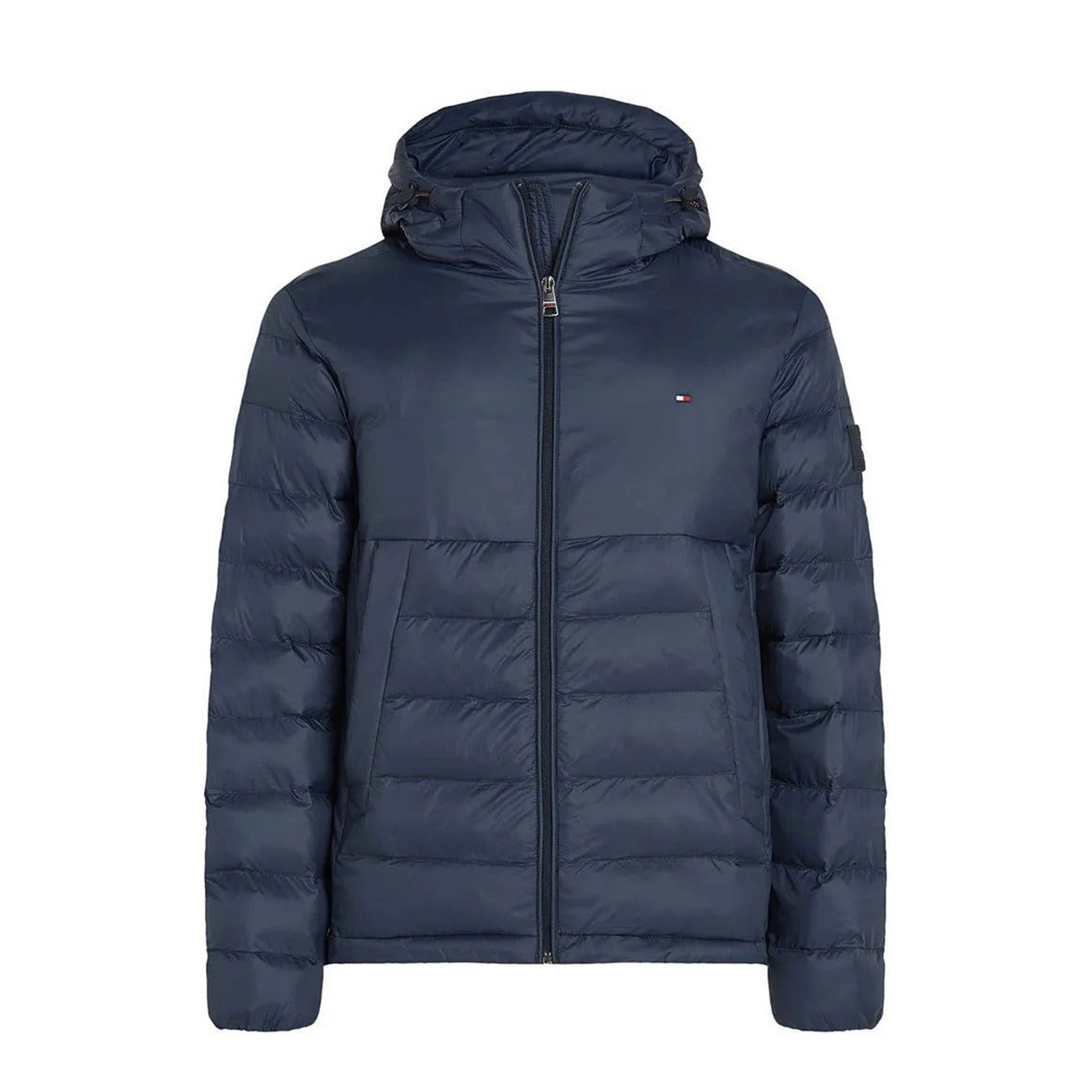 Front view of the navy puffer jacket featuring a hood and zipper closure against a white background.
