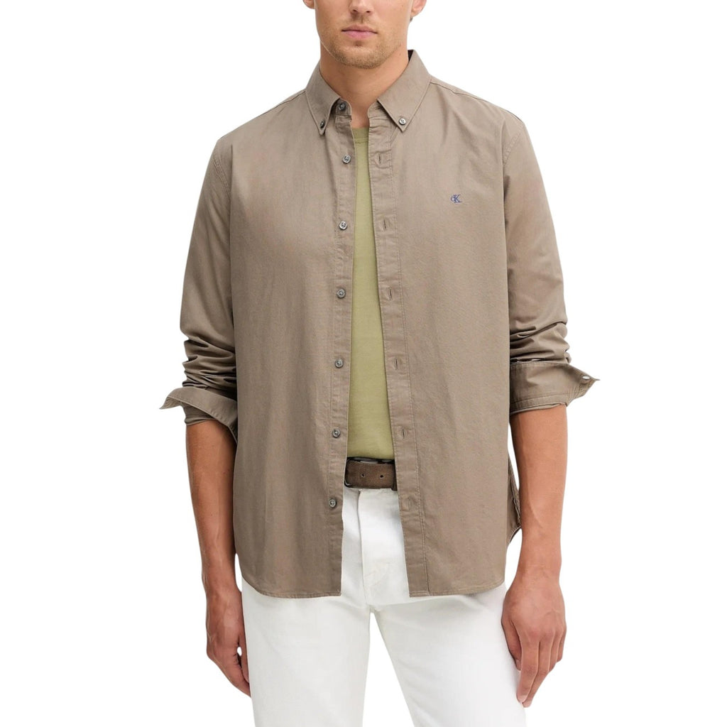Calvin Klein Jeans Men Shirt Cotton Beige – front view, round neck, classic collar, long sleeves