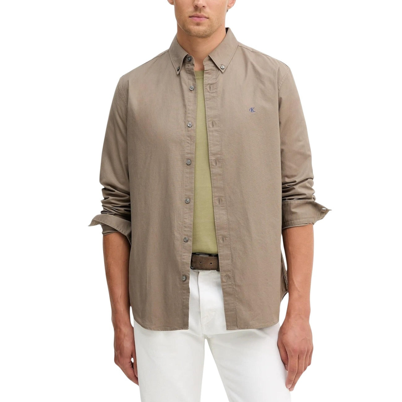 Calvin Klein Jeans Men Shirt Cotton Beige – front view, round neck, classic collar, long sleeves