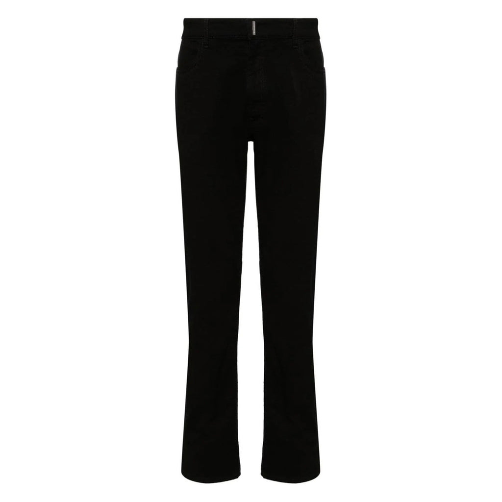 Front view of black Givenchy men's jeans featuring flared legs and button closure on a white background.