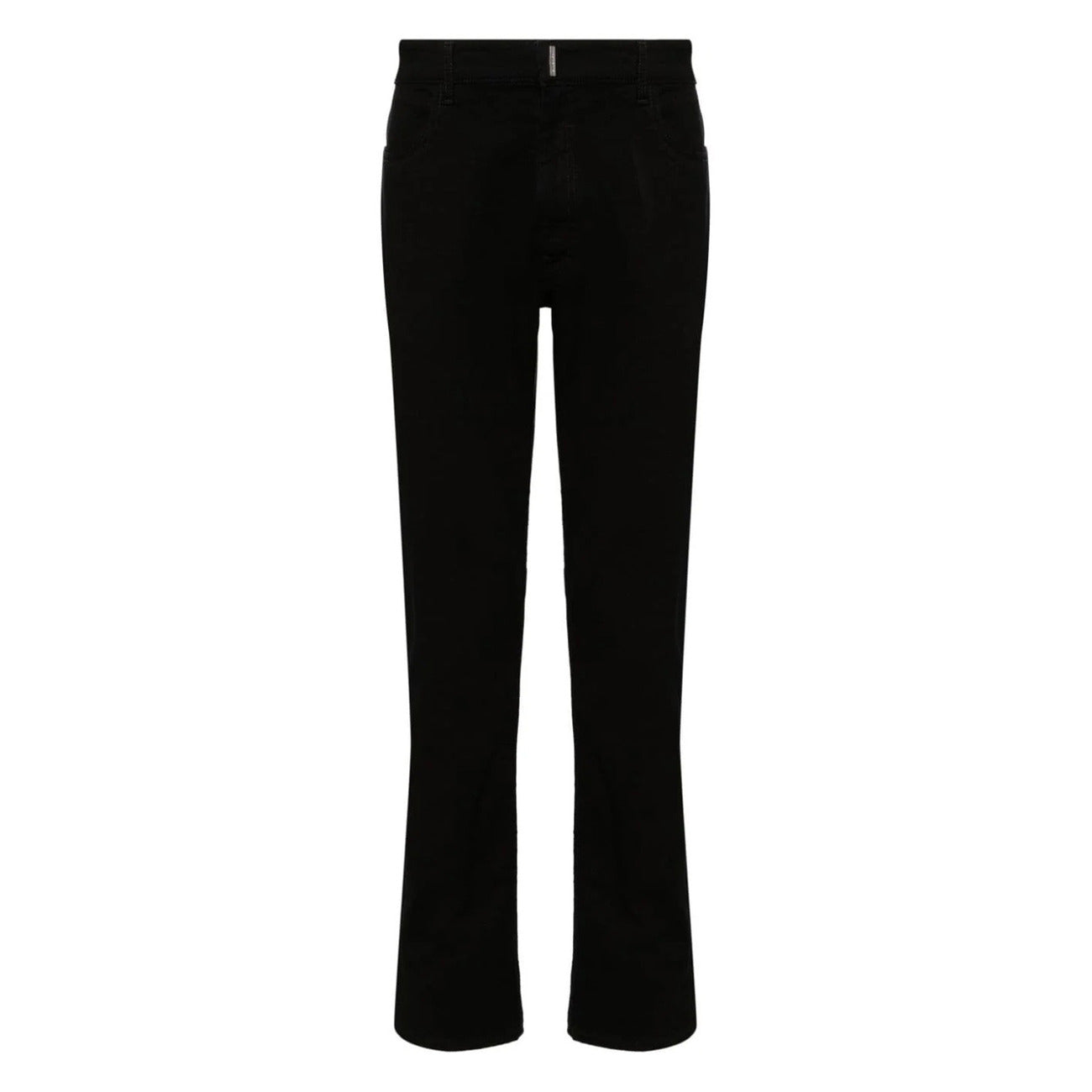 Front view of black Givenchy men's jeans featuring flared legs and button closure on a white background.
