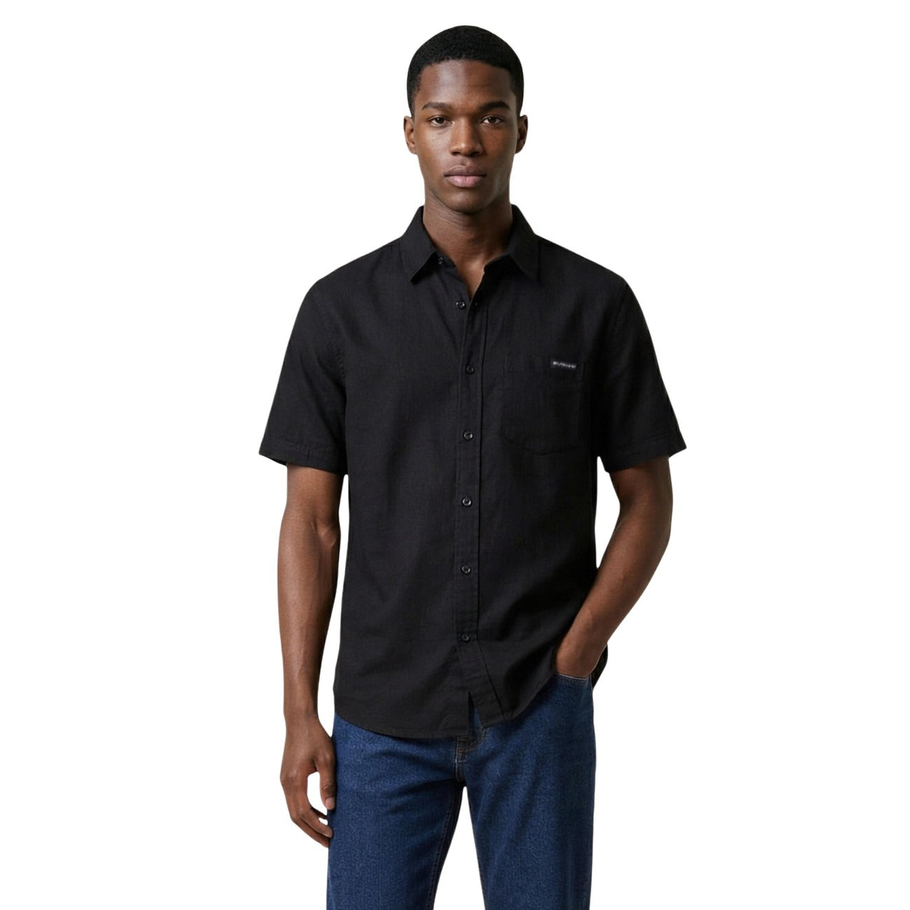 Calvin Klein Jeans Men Shirt Linen Lyocell Black – front view, round neck, classic collar, short sleeves