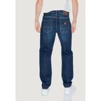 Back view of blue jeans showcasing a straight fit and five pockets.