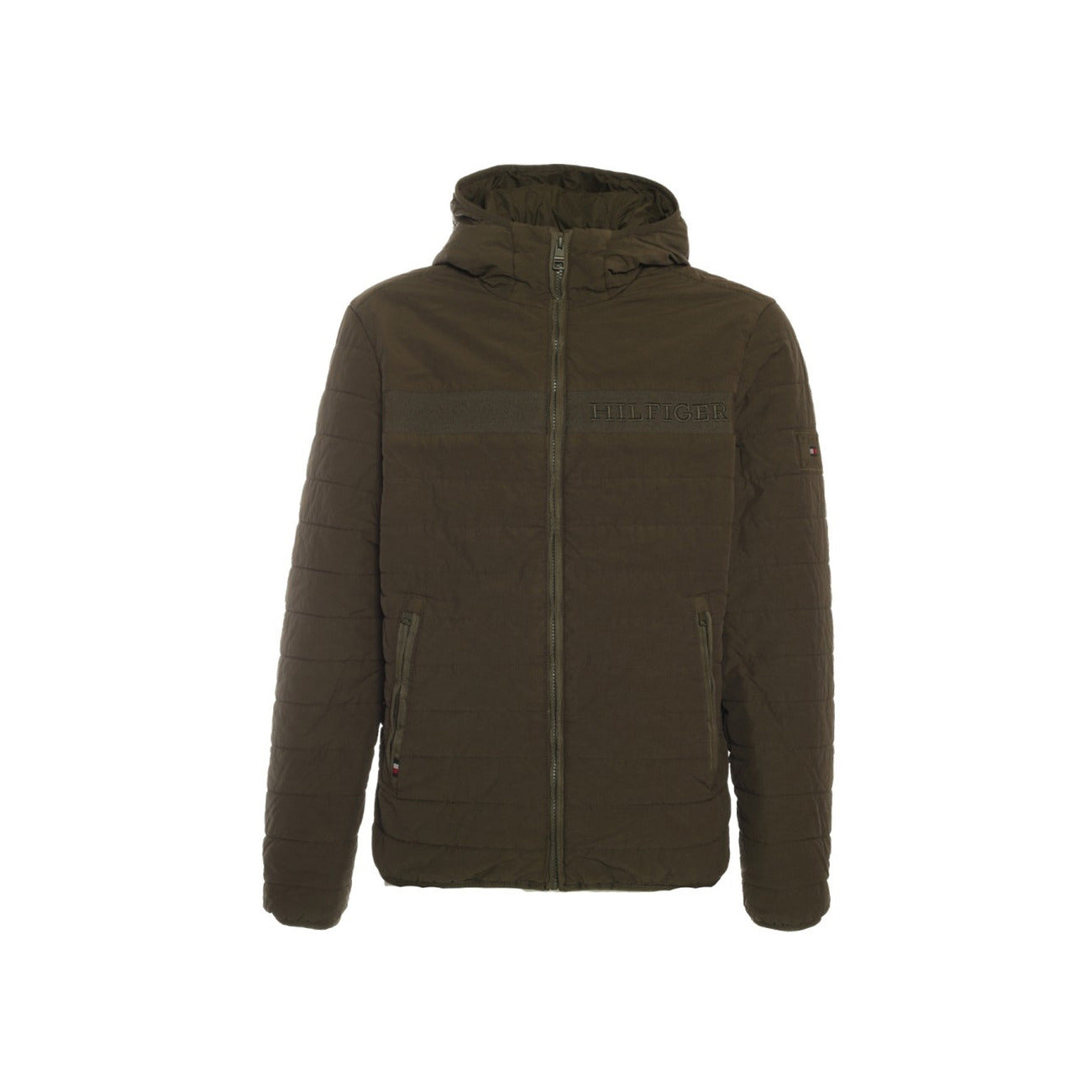 Front view of the brown jacket featuring a zipper closure and hood on a white background