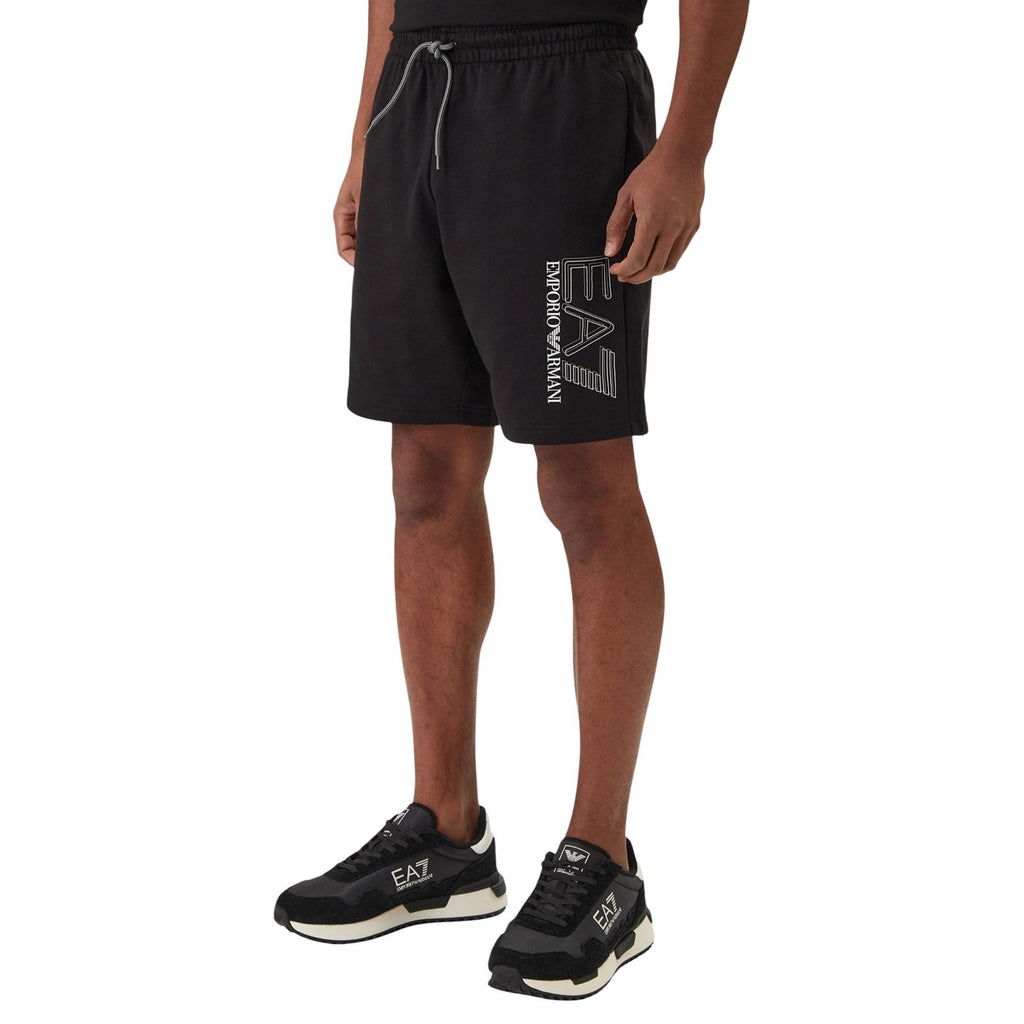 Ea7 Men Printed 100% Cotton Shorts Black – front view, print pattern, laces, front pockets