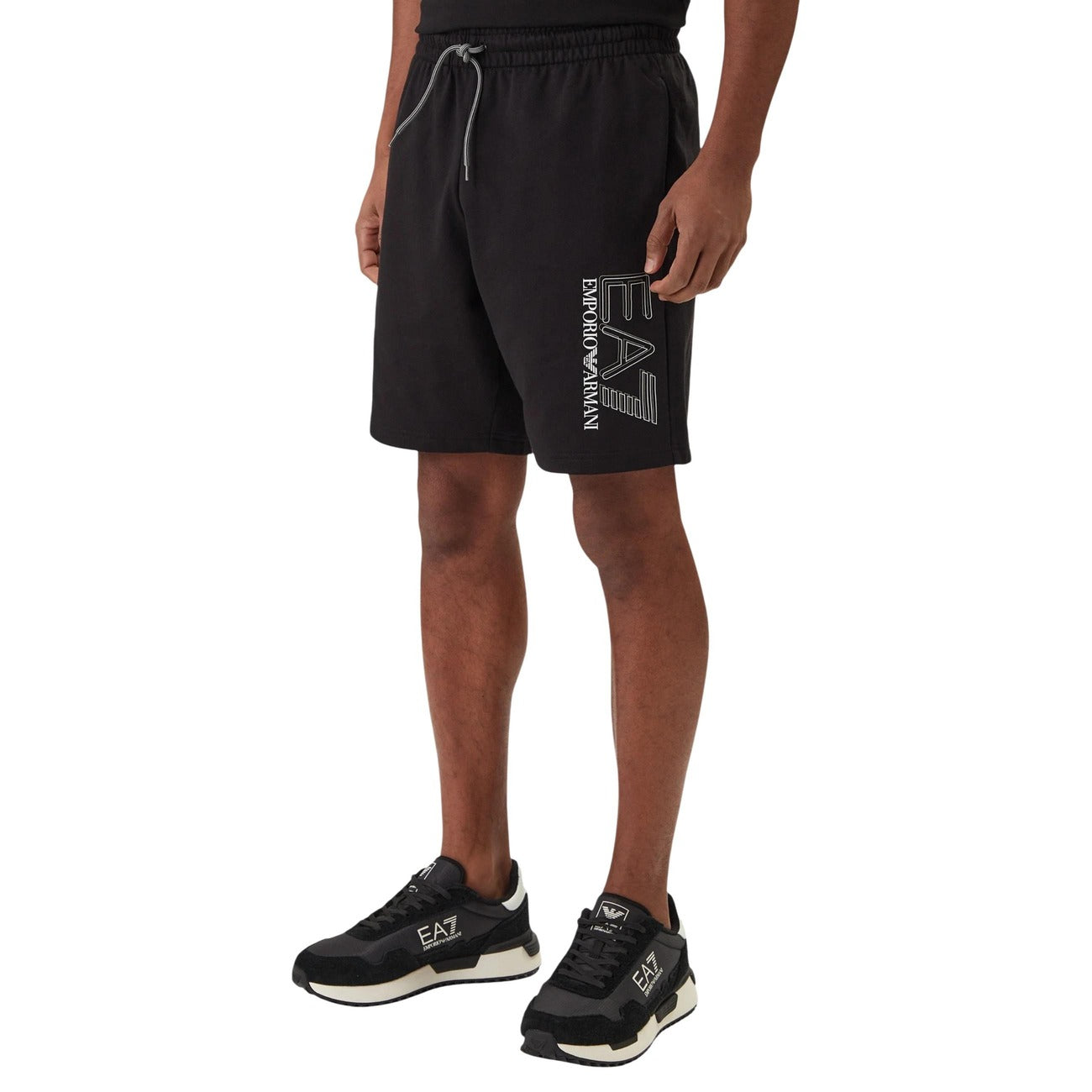 Ea7 Men Printed 100% Cotton Shorts Black – front view, print pattern, laces, front pockets