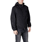 Lifestyle shot of the black hooded jacket with zipper closure and pockets, displayed against a white background.