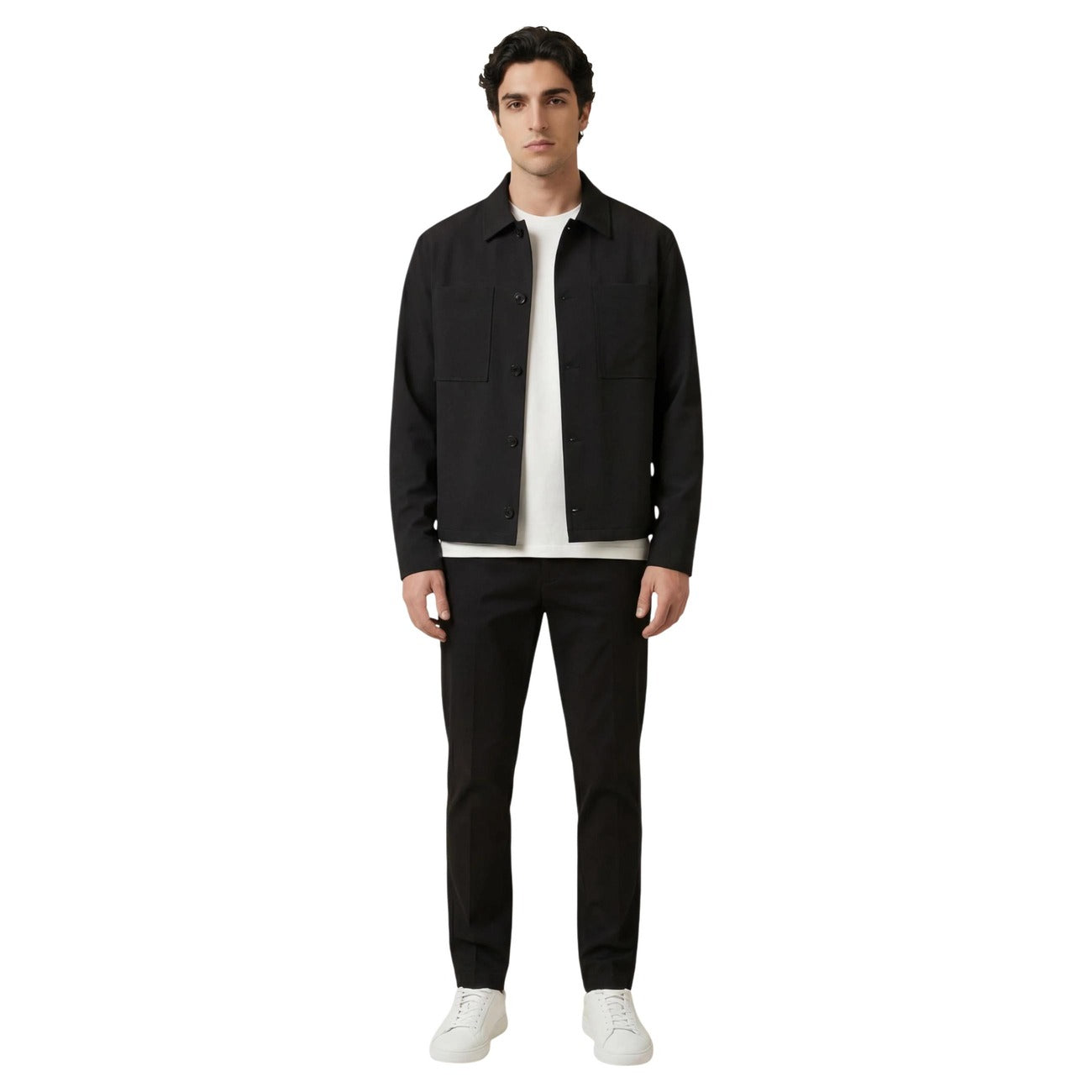 Lifestyle shot of the black blazer paired with pants, highlighting the zipper closure and pockets.