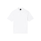 Front view of the white Armani Exchange polo featuring short sleeves and a round neck.