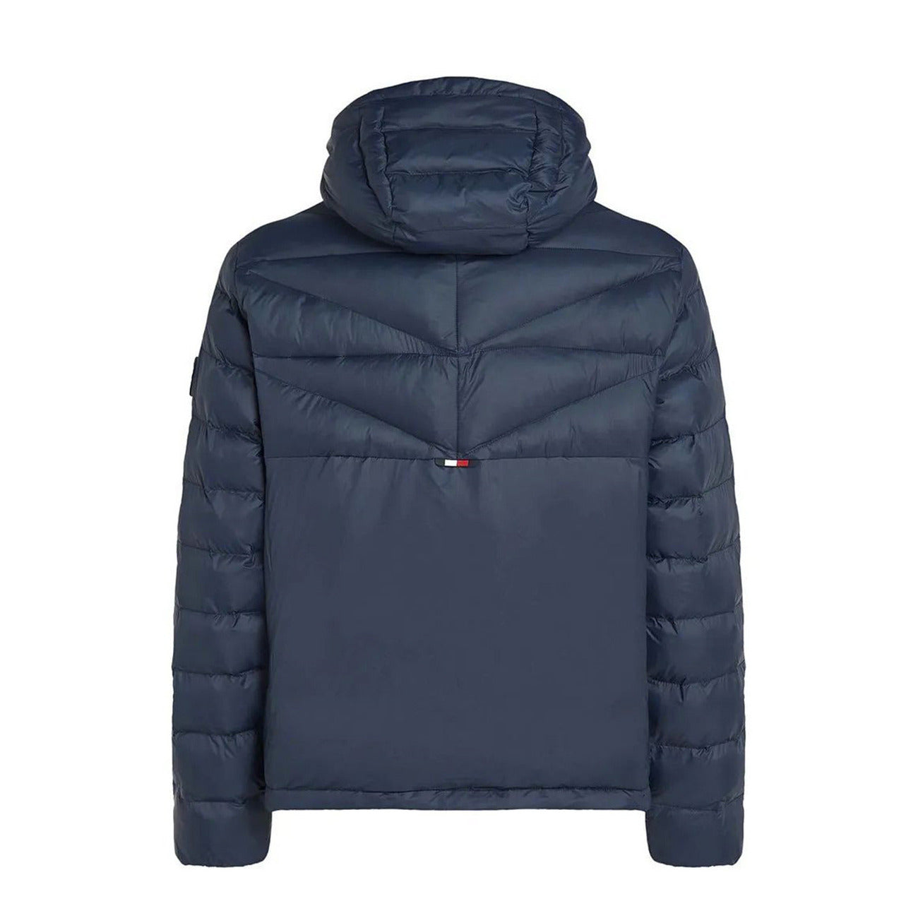 Back view of the navy puffer jacket showcasing the hood and quilted design on a white background.