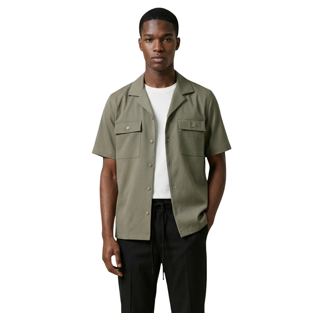 Gianni Lupo Men Shirt Viscose Green – front view, round neck, classic collar, short sleeves