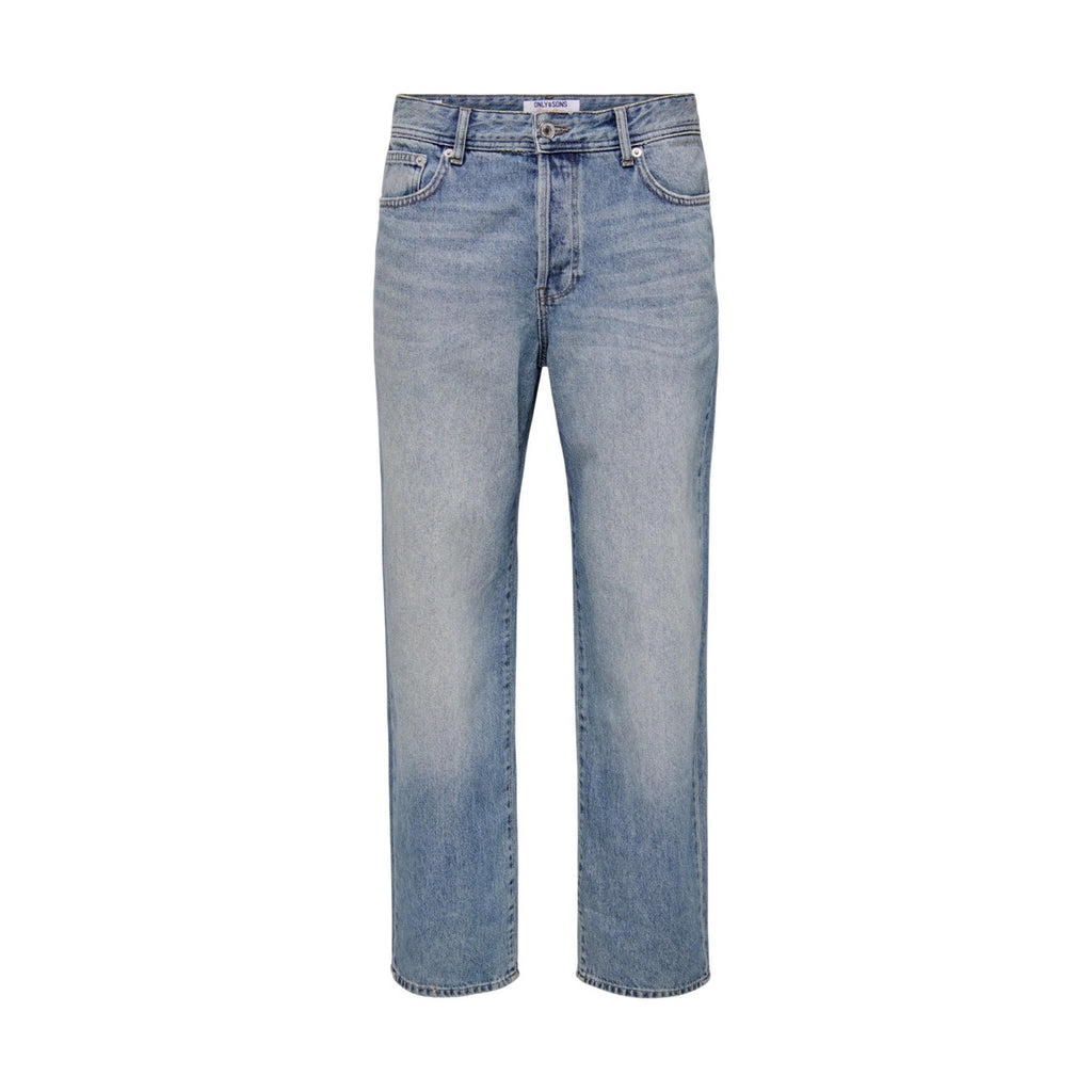 Detail close-up of the blue jeans highlighting the faded design and zipper fly on a white background