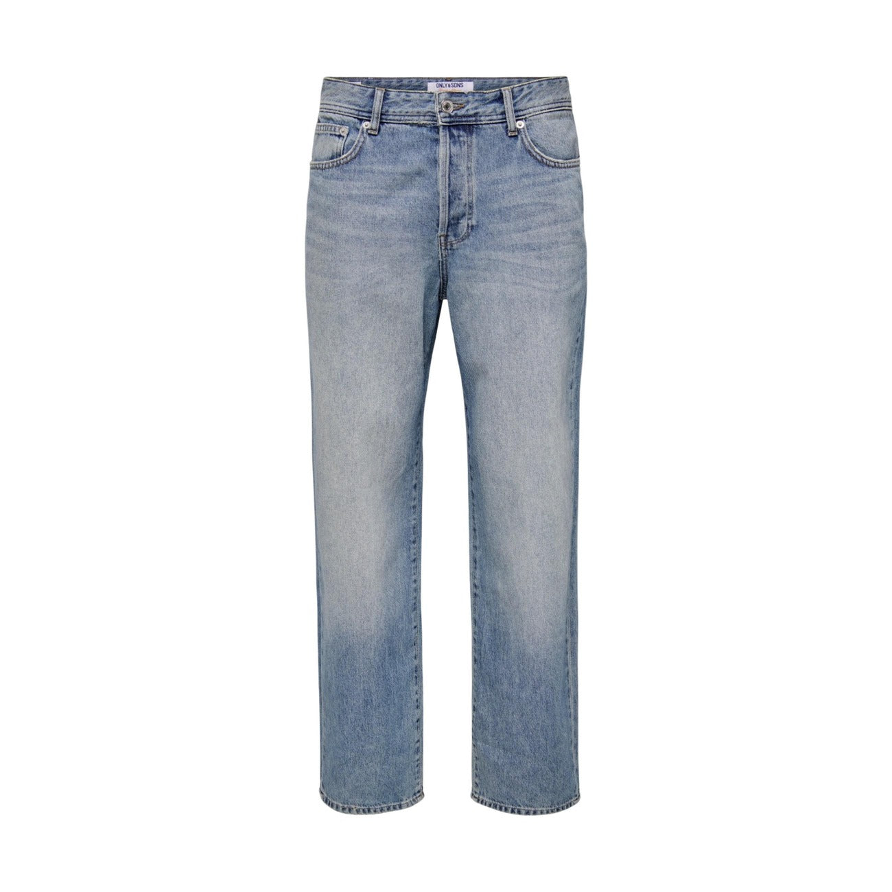 Detail close-up of the blue jeans highlighting the faded design and zipper fly on a white background