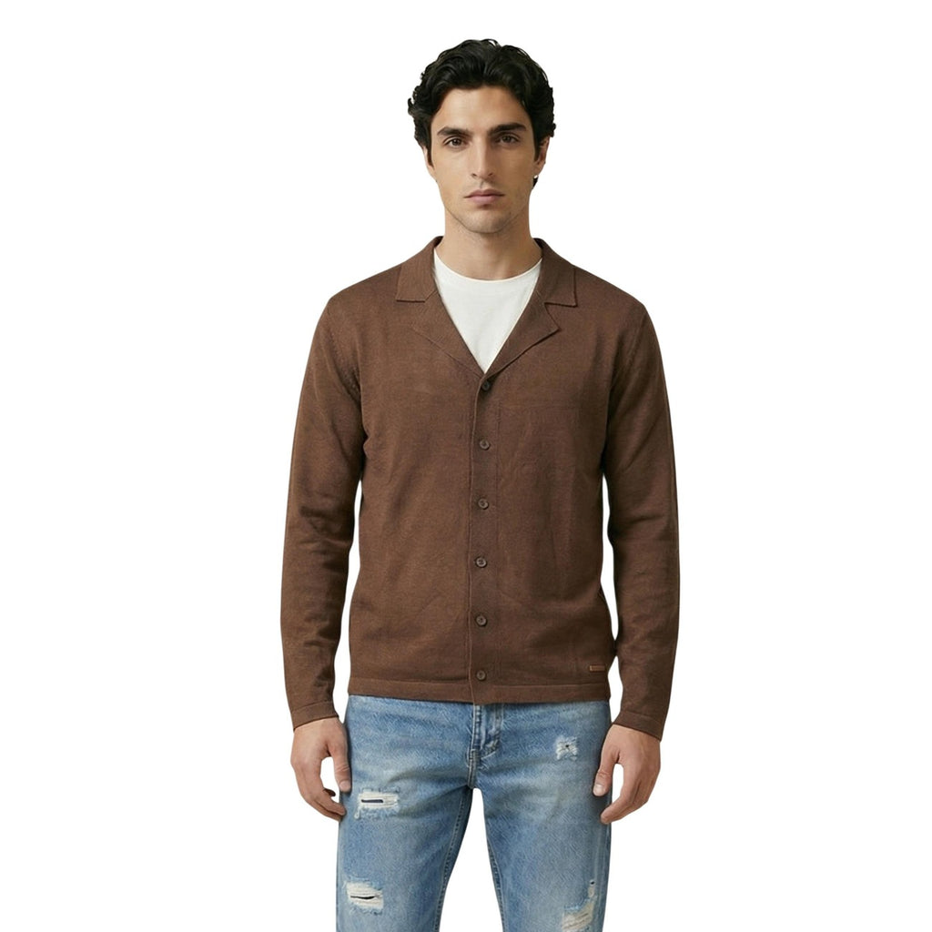 Front view of the brown cardigan featuring a v-neck and long sleeves on a white background.