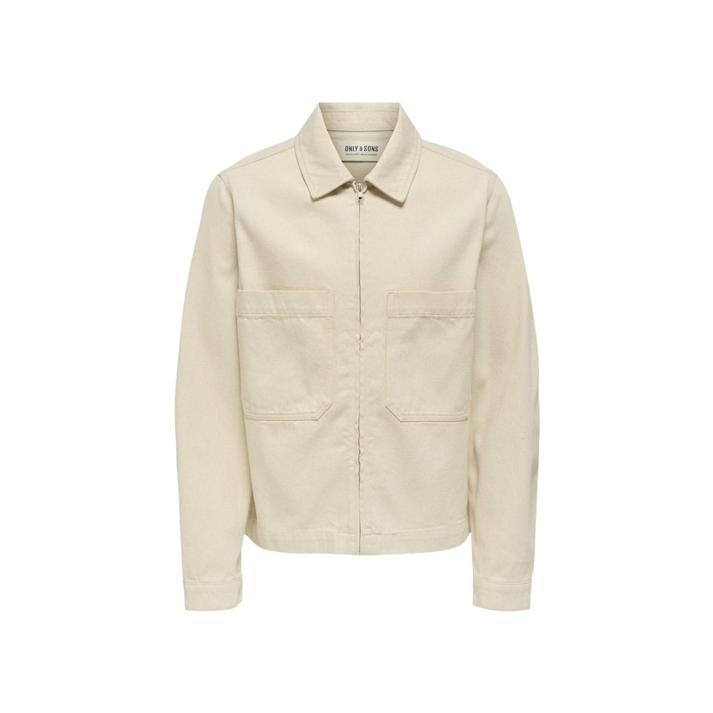 Front view of a beige jacket with a classic collar and zipper closure on a white background.