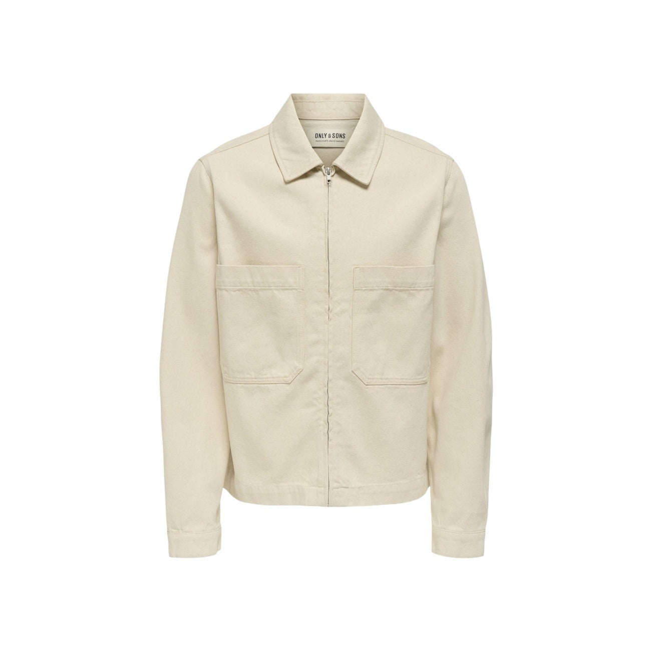 Front view of a beige jacket with a classic collar and zipper closure on a white background.