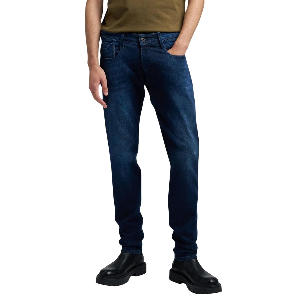 Front view of blue slim fit jeans featuring five pockets on a white background