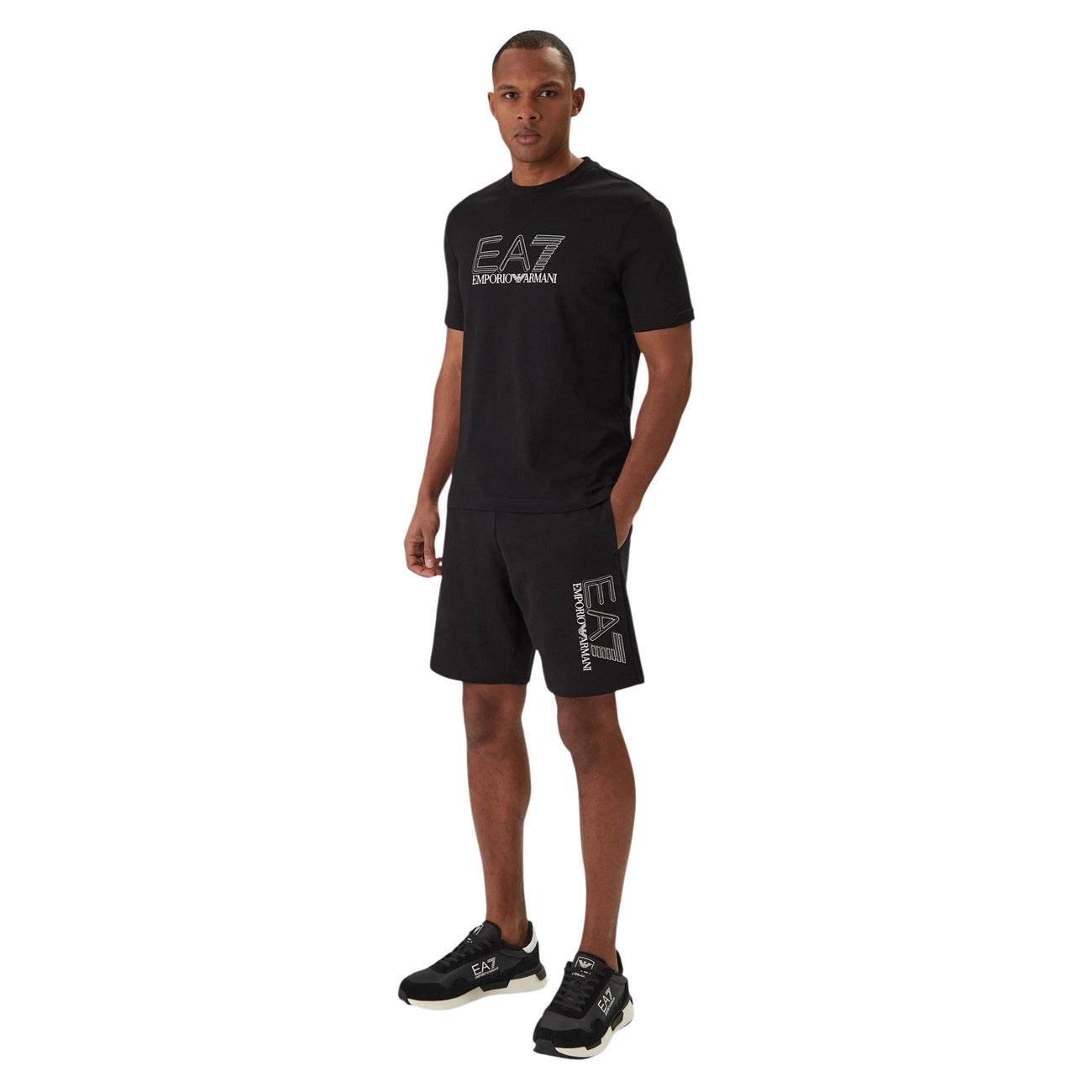 Ea7 Men Printed 100% Cotton Shorts Black – side view detail