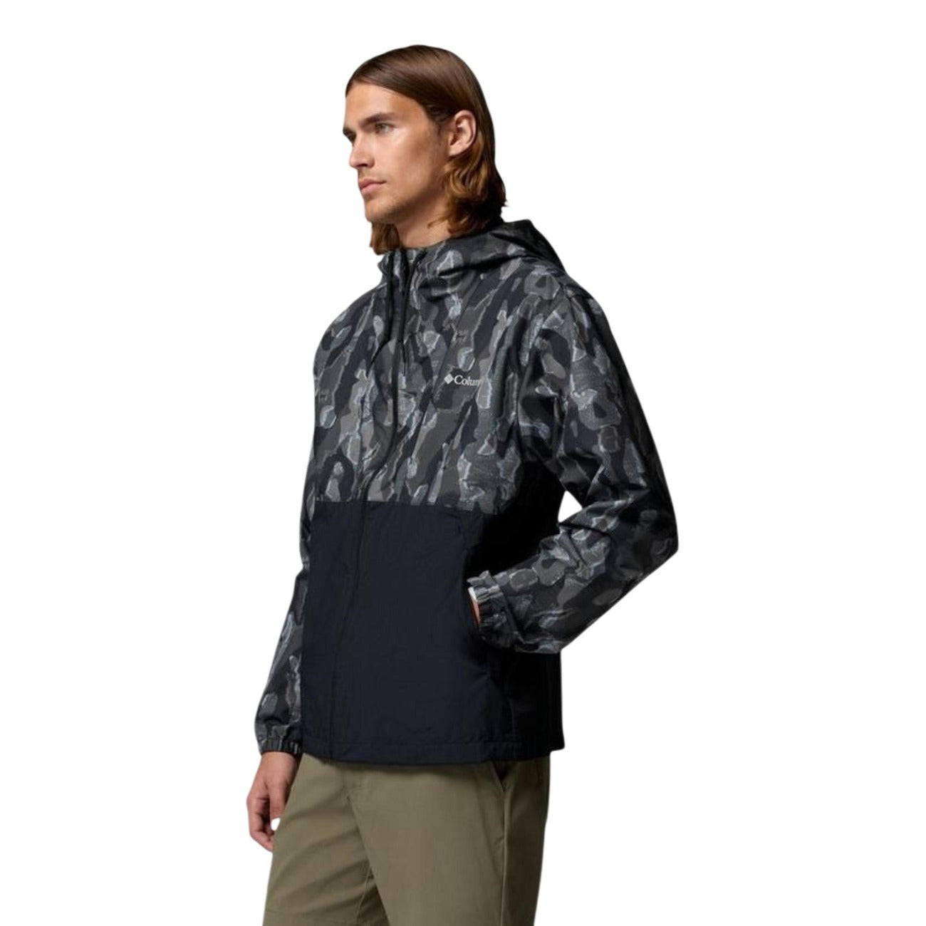 Lifestyle shot of a men's black camouflage blazer featuring a hood on a white background.