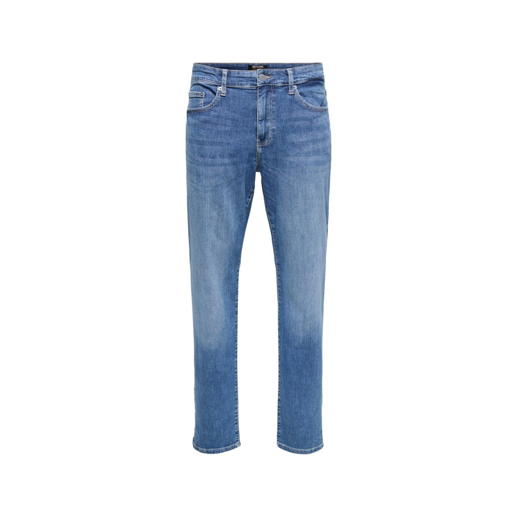 Front view of light blue slim fit jeans showcasing a faded wash on a white background