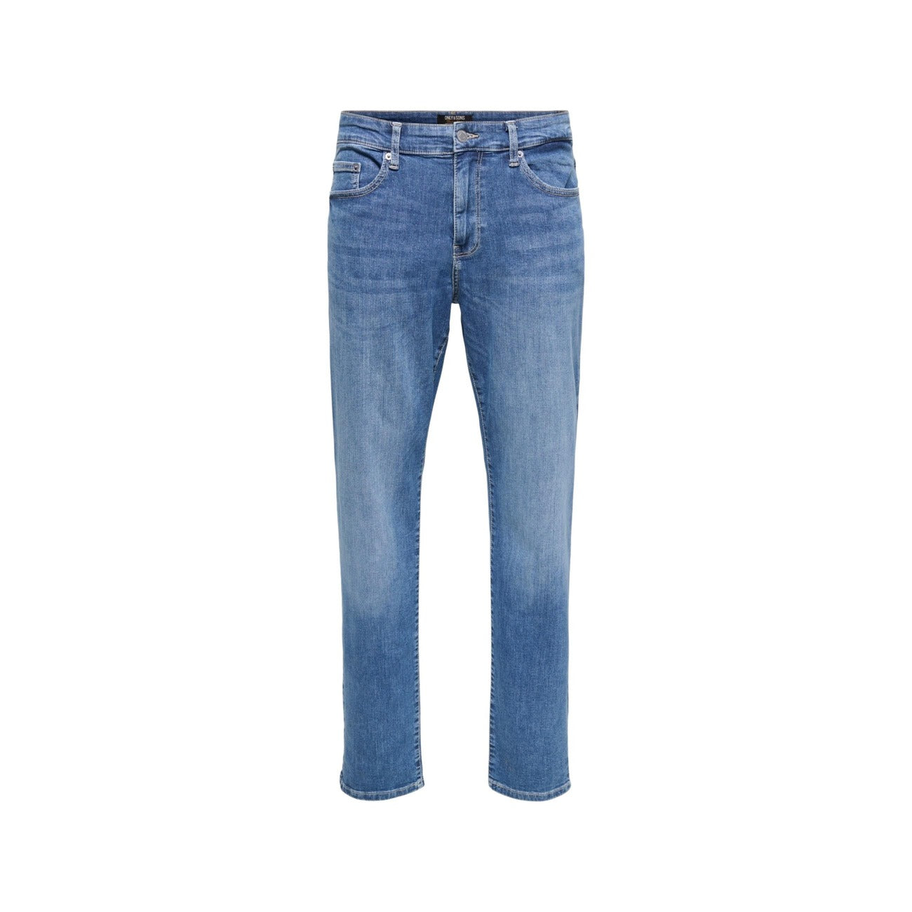 Front view of light blue slim fit jeans showcasing a faded wash on a white background