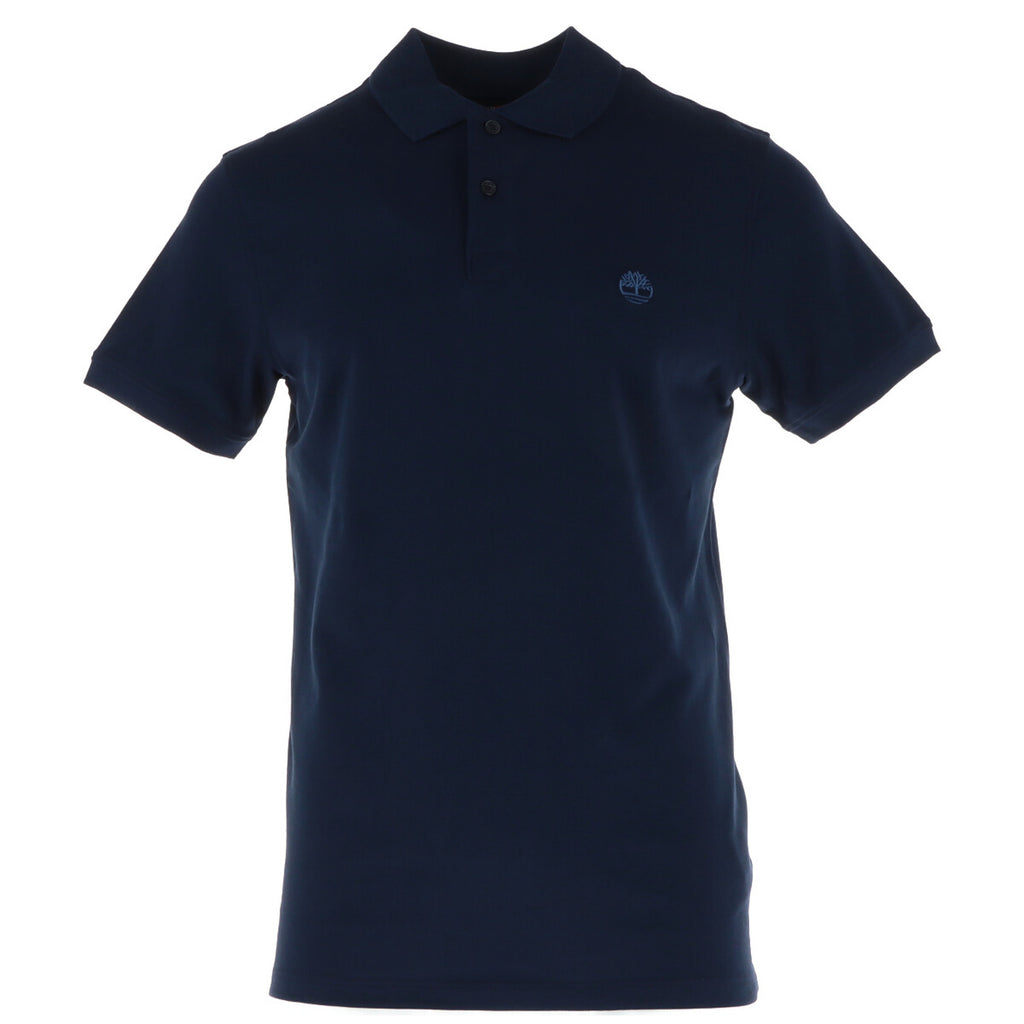 Front view of the blue polo shirt featuring short sleeves and a collared design on a white background.