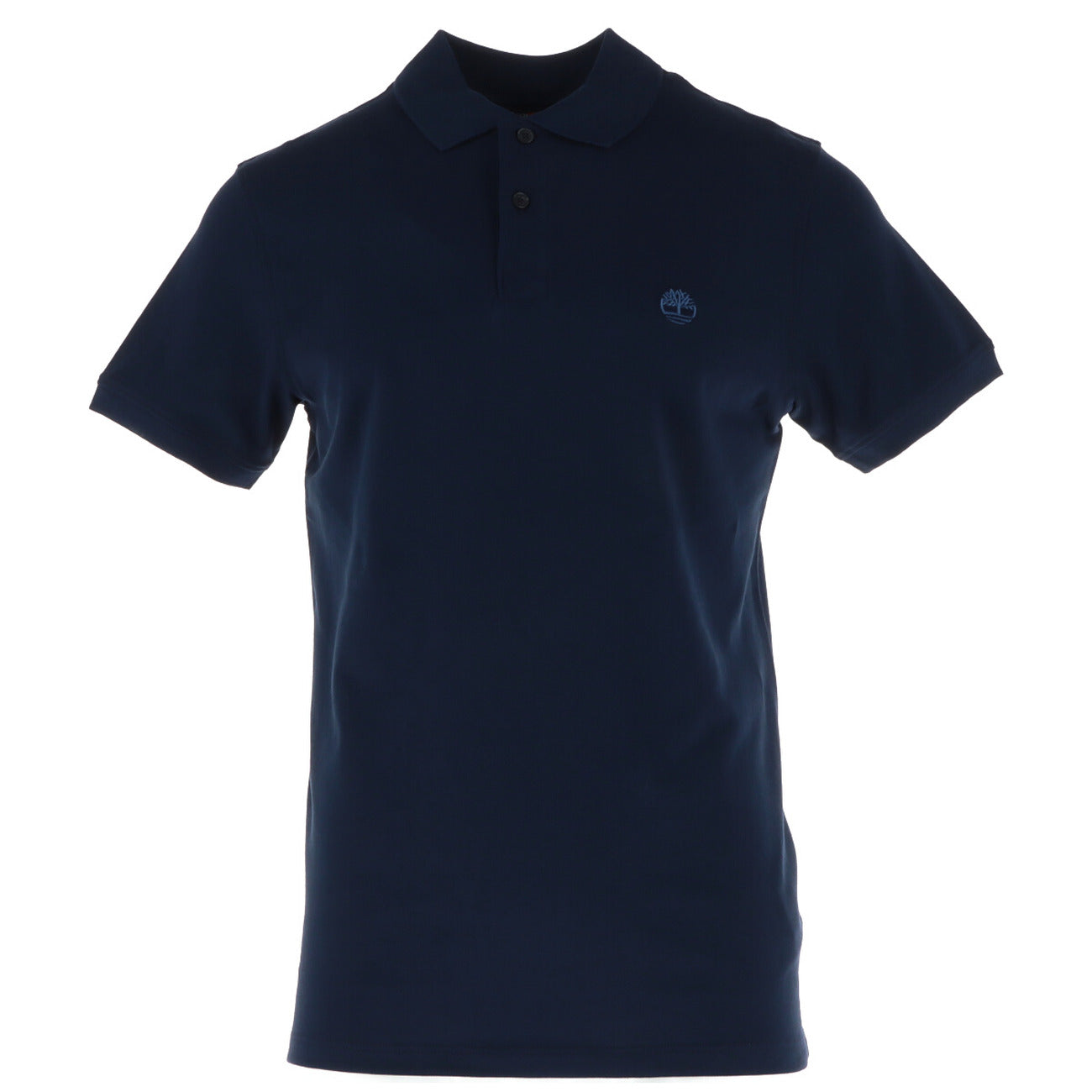 Front view of the blue polo shirt featuring short sleeves and a collared design on a white background.