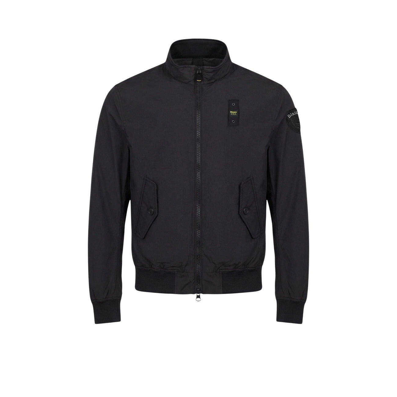 Front view of the black blazer featuring zipper closure and pockets against a white background.