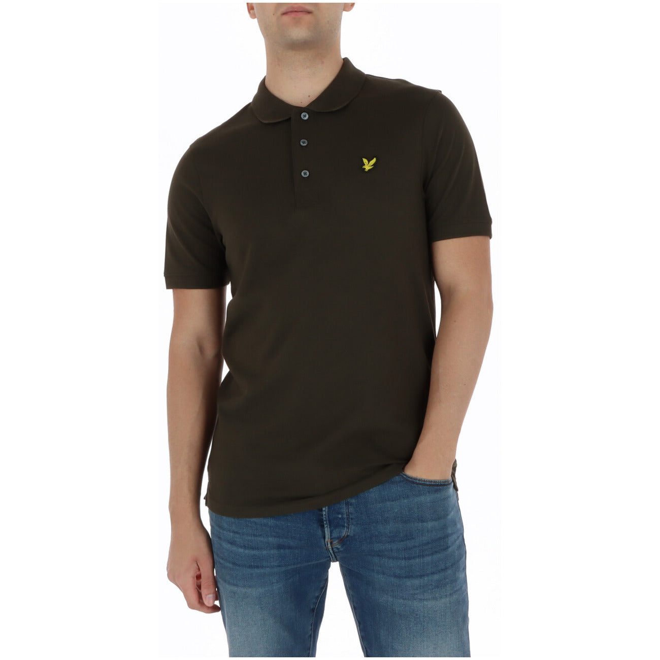 Front view of the dark green polo shirt featuring short sleeves and a collar on a white background.