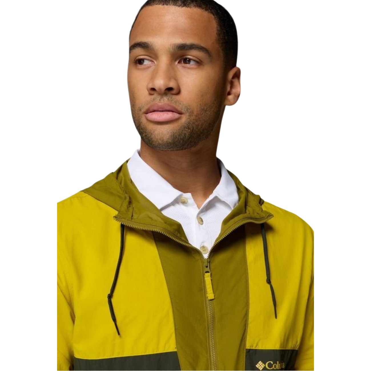 Close-up detail of the green Columbia men's blazer highlighting the zipper and hood features.
