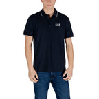 Front view of the blue polo shirt featuring a logo on the chest and short sleeves.