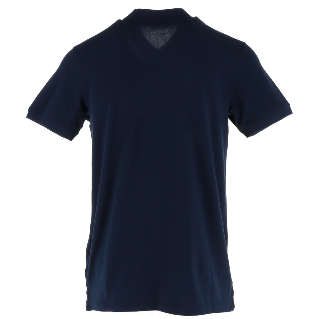 Front view of the blue polo shirt showcasing short sleeves and a collared style against a white backdrop.