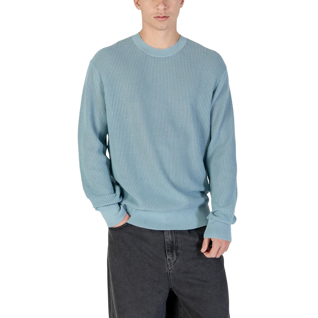 Calvin Klein Jeans Men Knitwear 100% Cotton Light Blue – front view, round neck, long sleeves