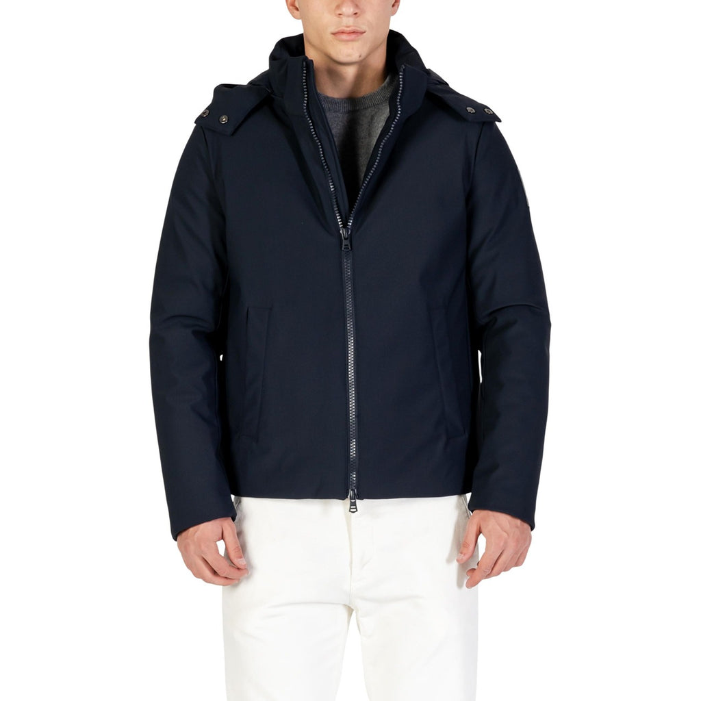 Front view of the navy Yos men's blazer featuring a zipper closure and hood on a white background