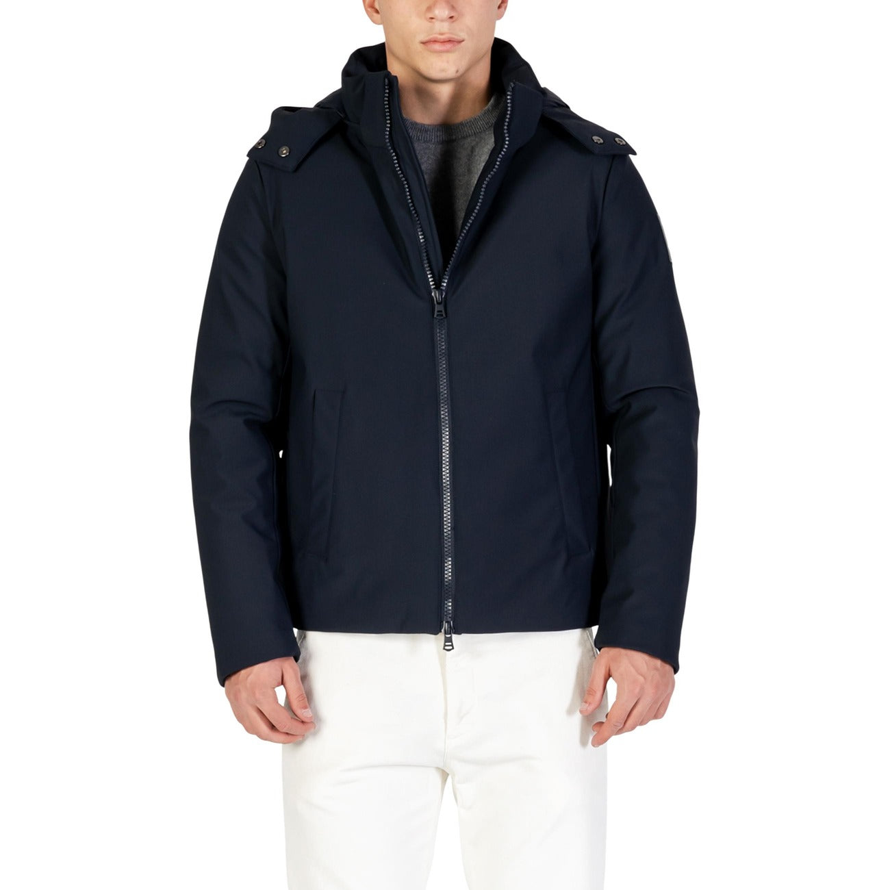 Front view of the navy Yos men's blazer featuring a zipper closure and hood on a white background