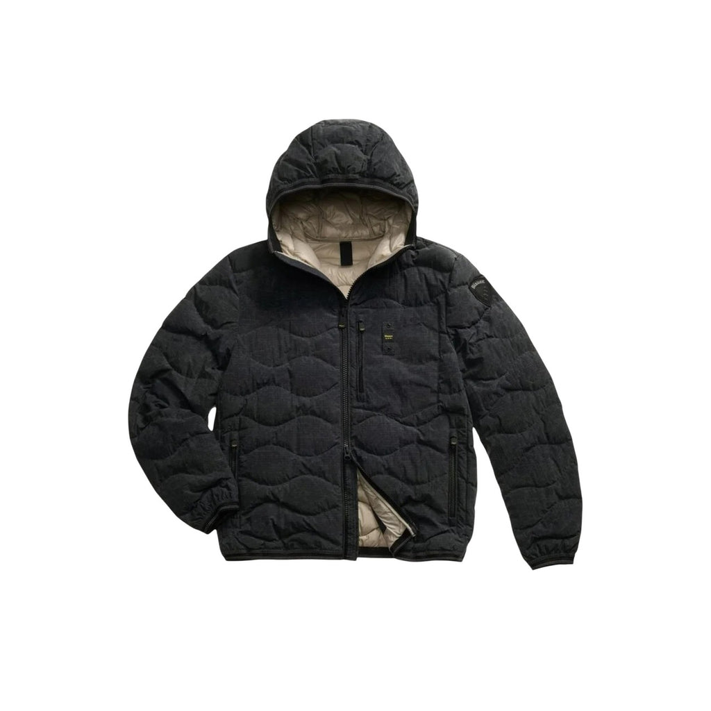 Front view of the black puffer jacket featuring a hood and zipper closure.