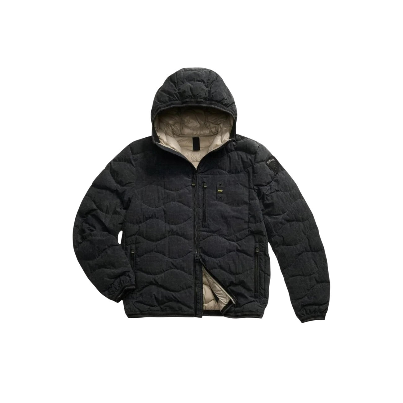 Front view of the black puffer jacket featuring a hood and zipper closure.