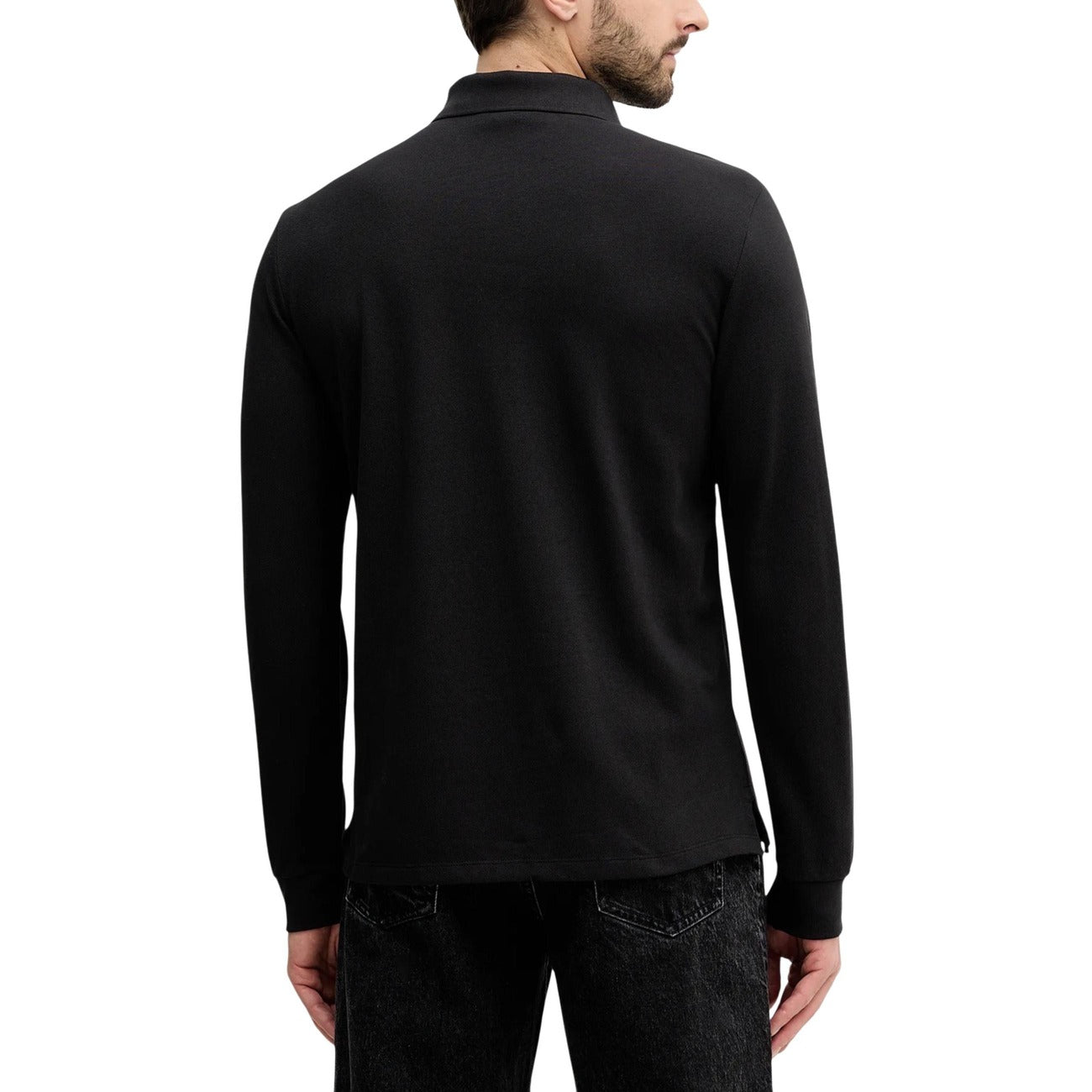 Front view of a black outfit with long sleeves and matching pants on a white background.