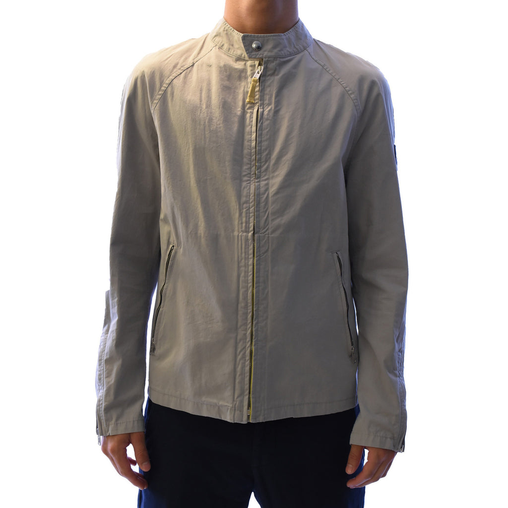 Front view of the light gray blazer with long sleeves and mandarin collar against a white background