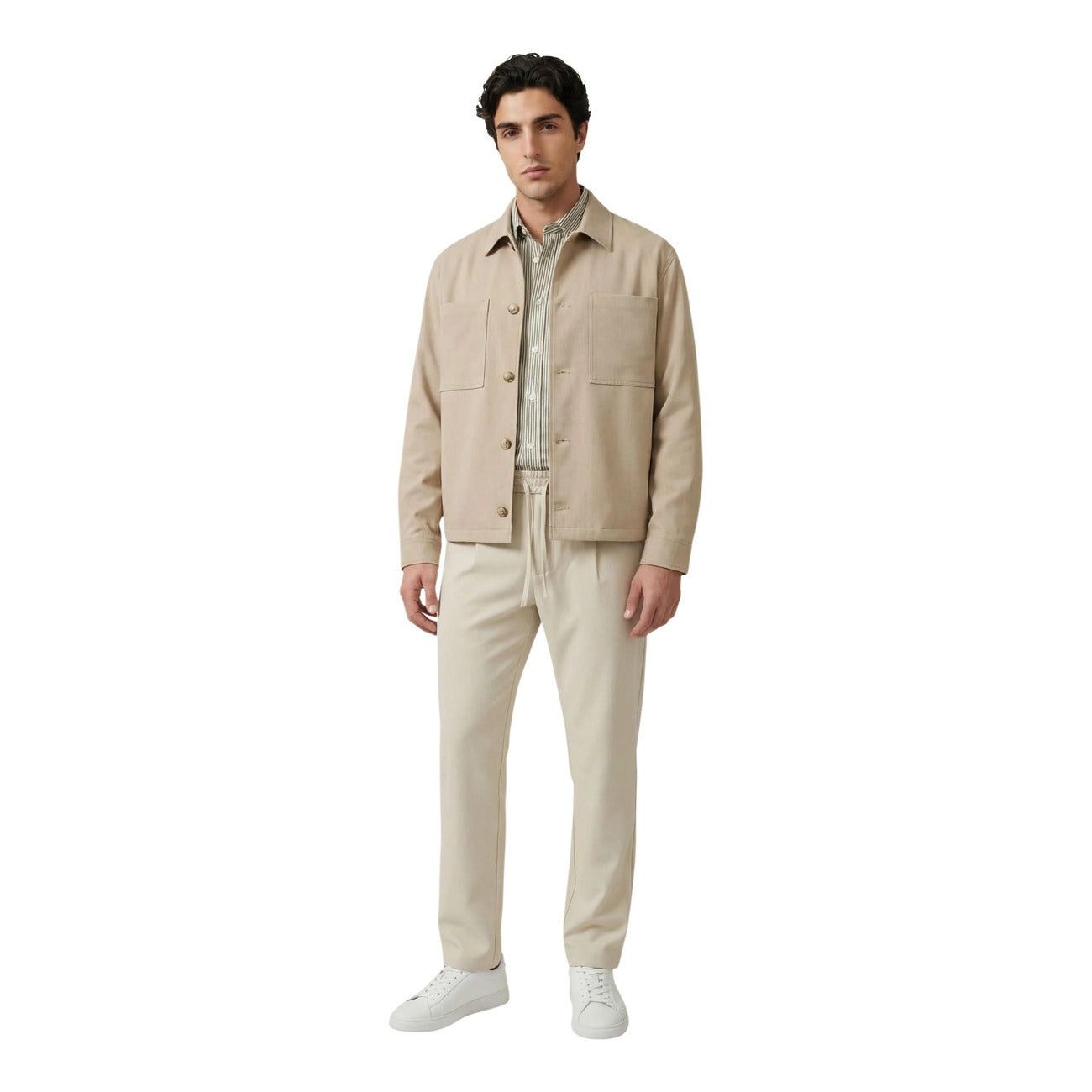 Lifestyle shot of the beige blazer paired with pants, featuring a collar and button closure against a white background.