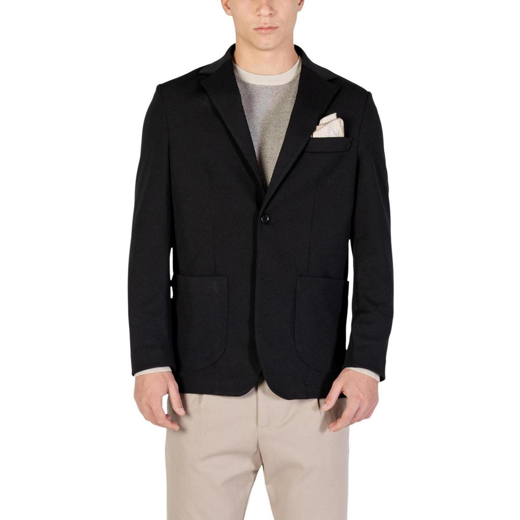 Front view of a black blazer showcasing a notched lapel and pocket square on a white background.
